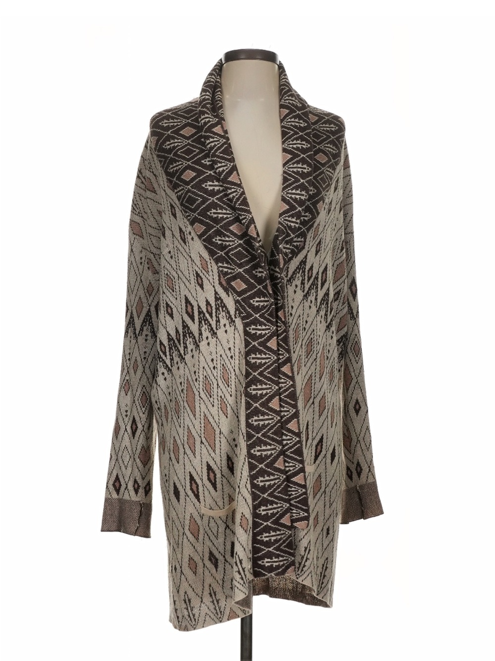 Tigerlily Shawl Collar Geometric Knit Cardigan - Brown/Cream
